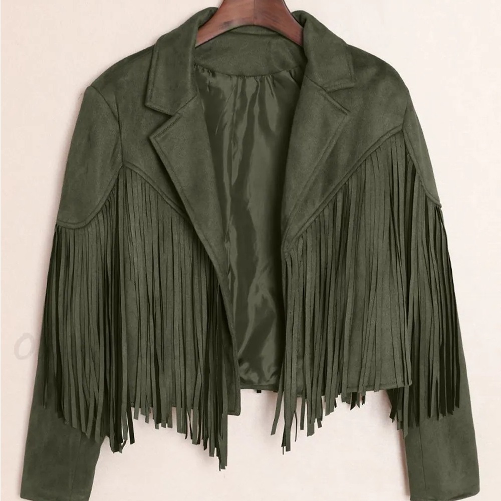 Olive Fringe Women's Jacket boho faux suede tassel blazer - Picture 8 of 10